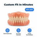 Close-up of Arenzza custom fit denture set showing natural gum line and denture base without adhesive, emphasizing comfort and fit