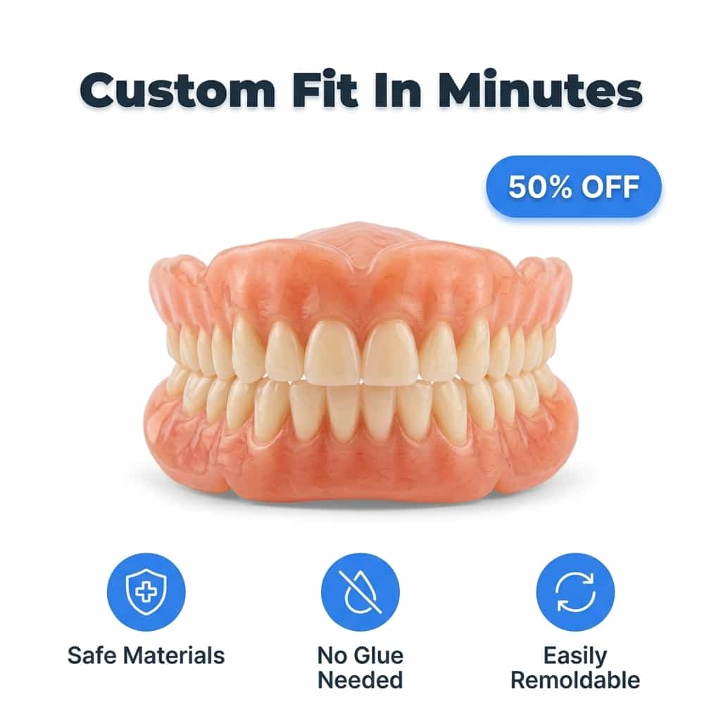 Close-up of Arenzza custom fit denture set showing natural gum line and denture base without adhesive, emphasizing comfort and fit