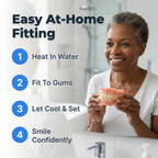 Aarenza custom fit denture set in a case, demonstrating adhesive-free comfort with a clear view of the dentures and packaging.