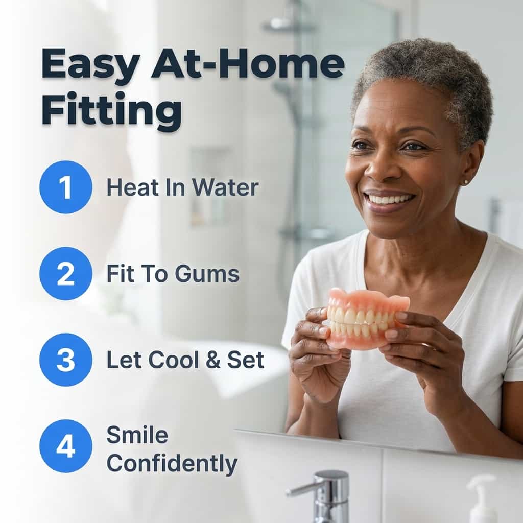 Aarenza custom fit denture set in a case, demonstrating adhesive-free comfort with a clear view of the dentures and packaging.