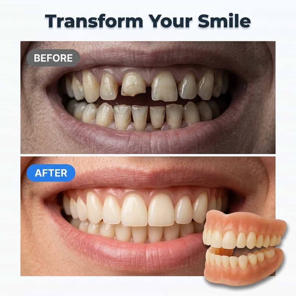 A set of custom fit Arenzza dentures with adhesive-free design, shown in a before and after comparison highlighting comfort and fit.