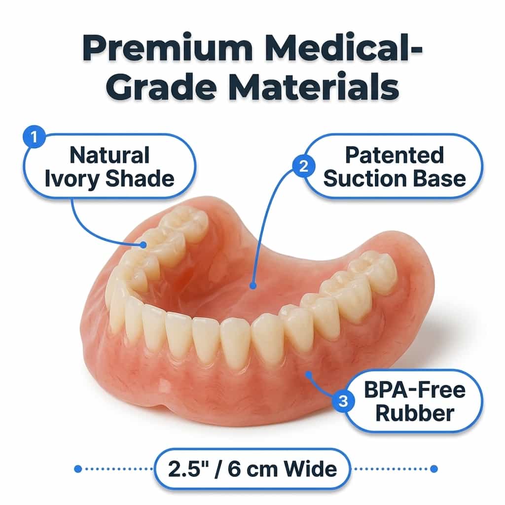 Close-up of Arenzza custom fit denture set showing high-quality materials and smooth, natural surface for adhesive-free comfort.
