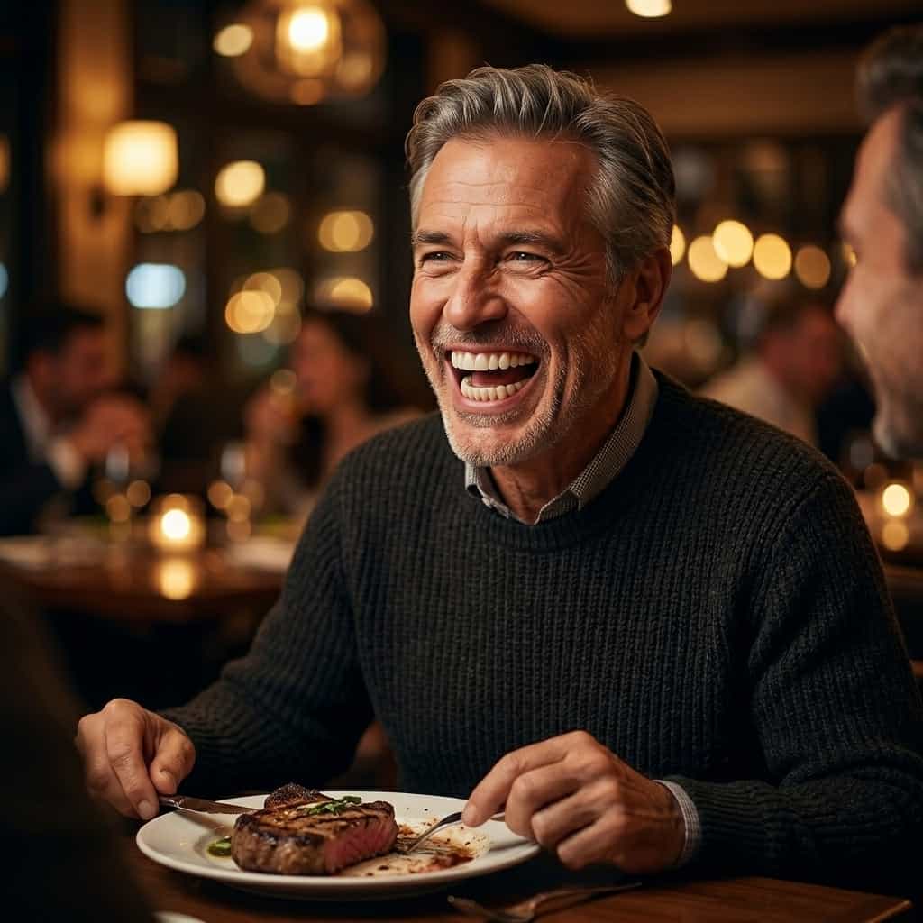 A smiling person wearing a custom fit Arenzza denture set, showcasing natural teeth and confident lifestyle.