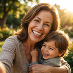 Arenzza custom fit denture set with adhesive-free comfort, shown in a lifestyle scene with a smiling person enjoying daily activities.