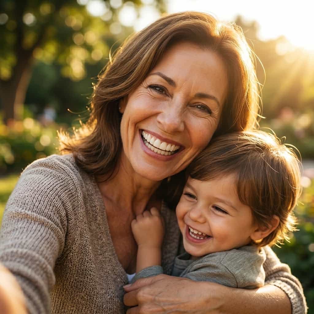 Arenzza custom fit denture set with adhesive-free comfort, shown in a lifestyle scene with a smiling person enjoying daily activities.