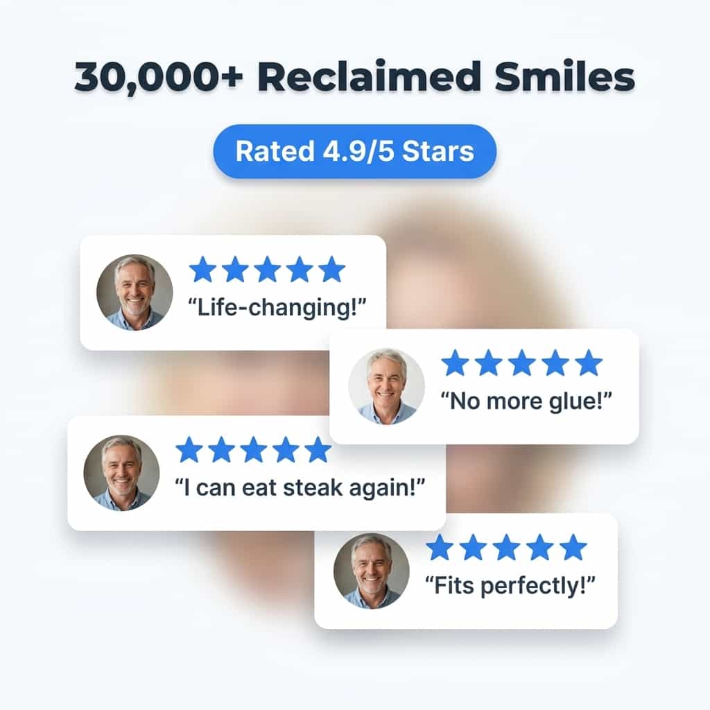 A set of custom fit Arenzza dentures with adhesive-free comfort displayed on a social proof wall.