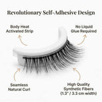 Arenzza reusable self-adhesive eyelash extensions with four benefit callouts, featuring washable, lightweight, and natural-looking lashes.