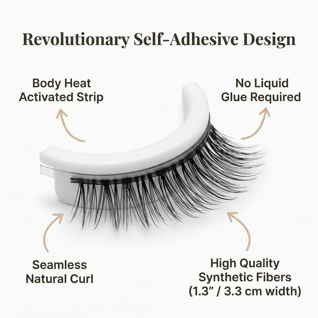 Arenzza reusable self-adhesive eyelash extensions with four benefit callouts, featuring washable, lightweight, and natural-looking lashes.