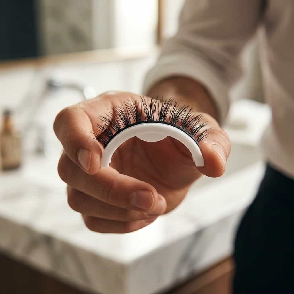 A woman applying reusable Arenzza self-adhesive false eyelashes in a lifestyle scene, showcasing their washable and reusable design.