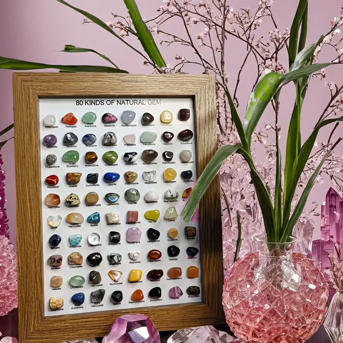 A collection of natural ore gemstone specimens from Arenzza, showcasing various colorful mineral and crystal formations.