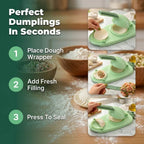 Arenzza quick dumpling press tool showing three-step process for making homemade dumplings with dough and filling.