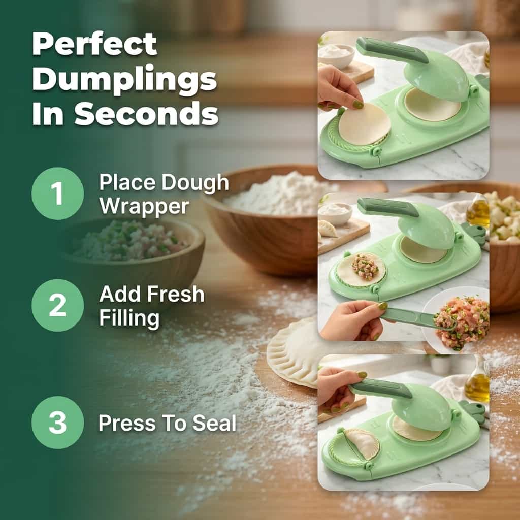 Arenzza quick dumpling press tool showing three-step process for making homemade dumplings with dough and filling.