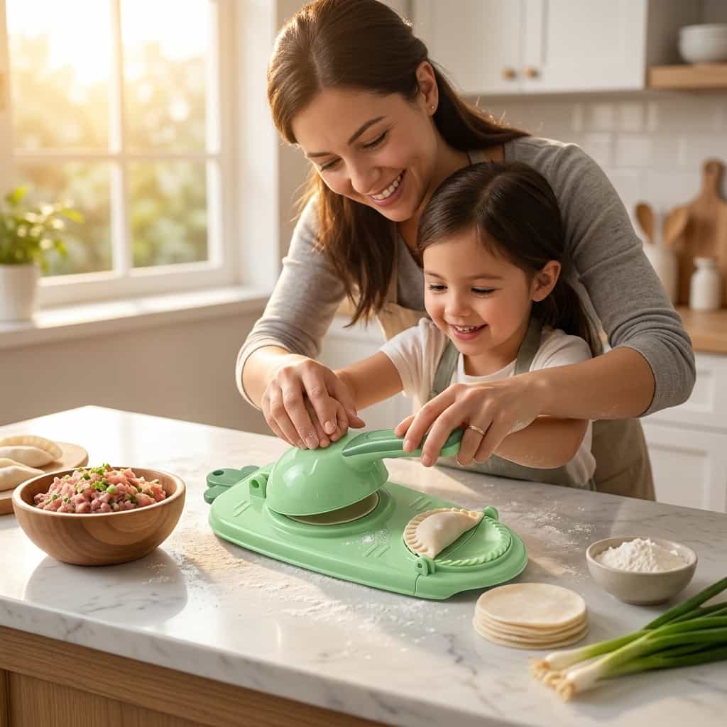 Arenzza quick dumpling press tool in use, creating homemade dumplings with a person preparing dough in a modern kitchen scene.