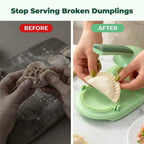 Arenzza quick dumpling press tool showing before and after images of making homemade dumplings in seconds.