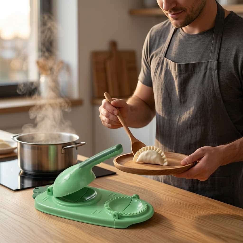 Arenzza Quick Dumpling Press Tool creating perfect homemade dumplings effortlessly in a kitchen setting.