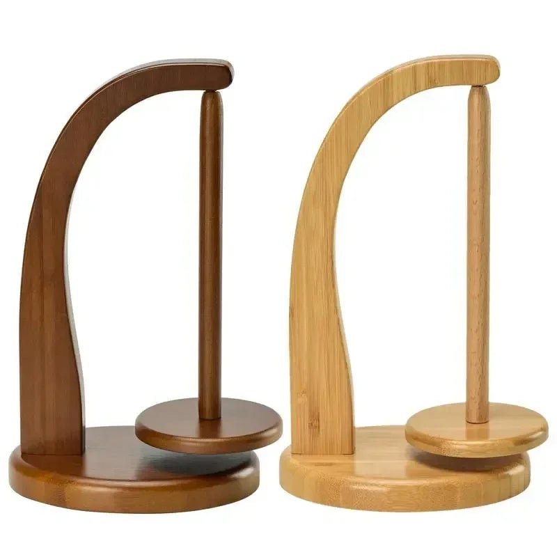 Arenzza wooden yarn holder with rotating magnetic spool, used for spinning, knitting, crochet, and winding wool balls.