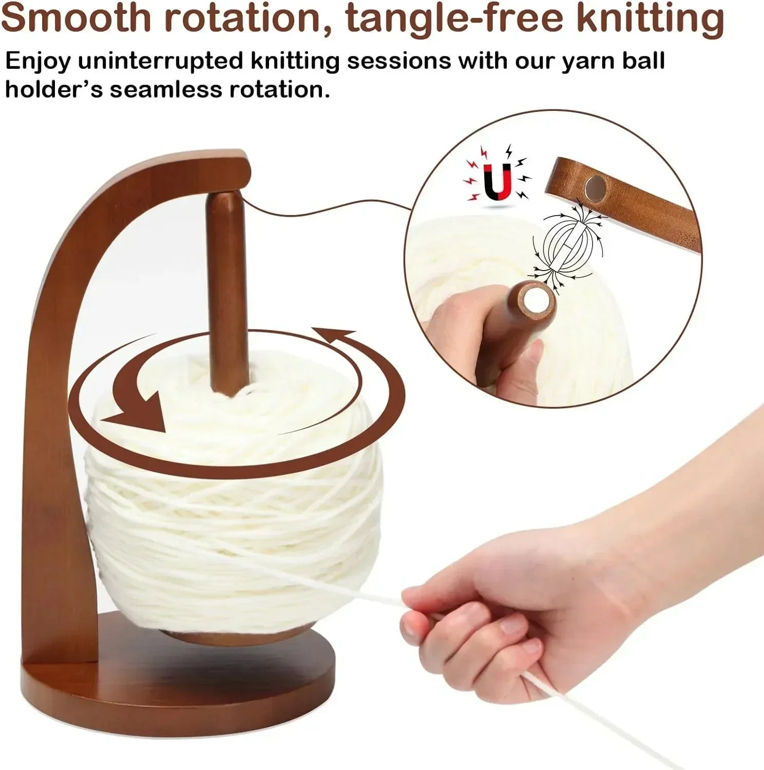 Arenzza wooden yarn holder with rotating magnetic spool for spinning, knitting, and crochet projects, featuring a compact wool ball winder.