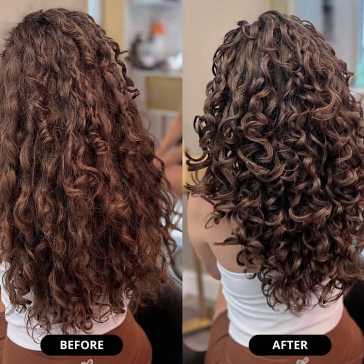 A close-up of Arenzza Moroccan Bounce hair product with lush, curly Moroccan-style hair showcasing volume and vibrant shine.