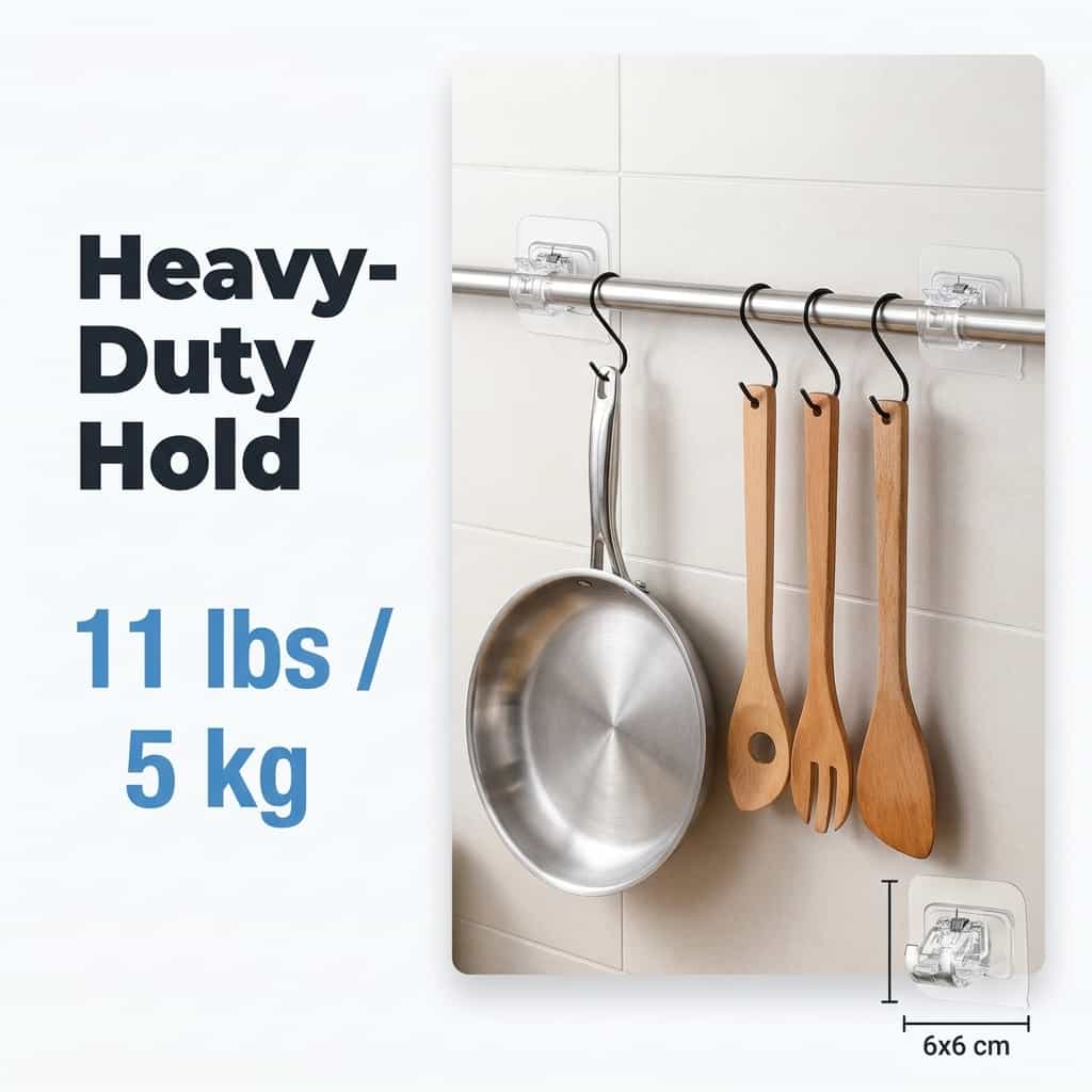 Arenzza SmartGrip™ damage-free wall hooks holding a lightweight display, showcasing easy installation and strong hold on a smooth wall.