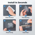 Arenzza SmartGrip™ damage-free wall hooks mounted on a wall, demonstrating five-step installation process with numbered guides.