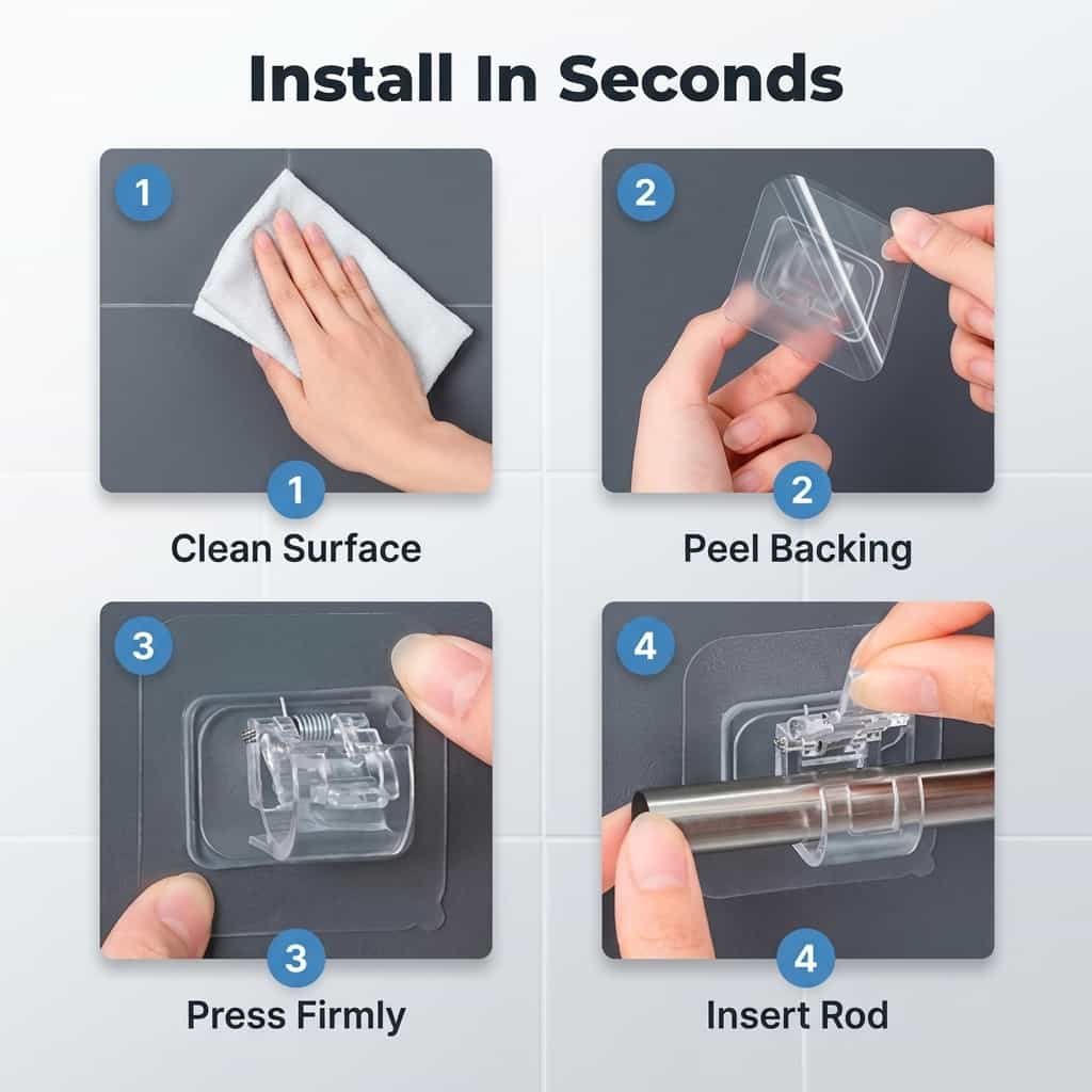 Arenzza SmartGrip™ damage-free wall hooks mounted on a wall, demonstrating five-step installation process with numbered guides.