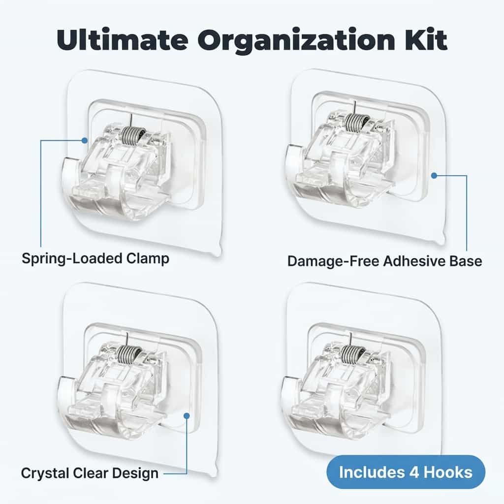 Set of nine Arenzza SmartGrip™ damage-free wall hooks with adhesive backing, shown in a bundled display for versatile home organization.