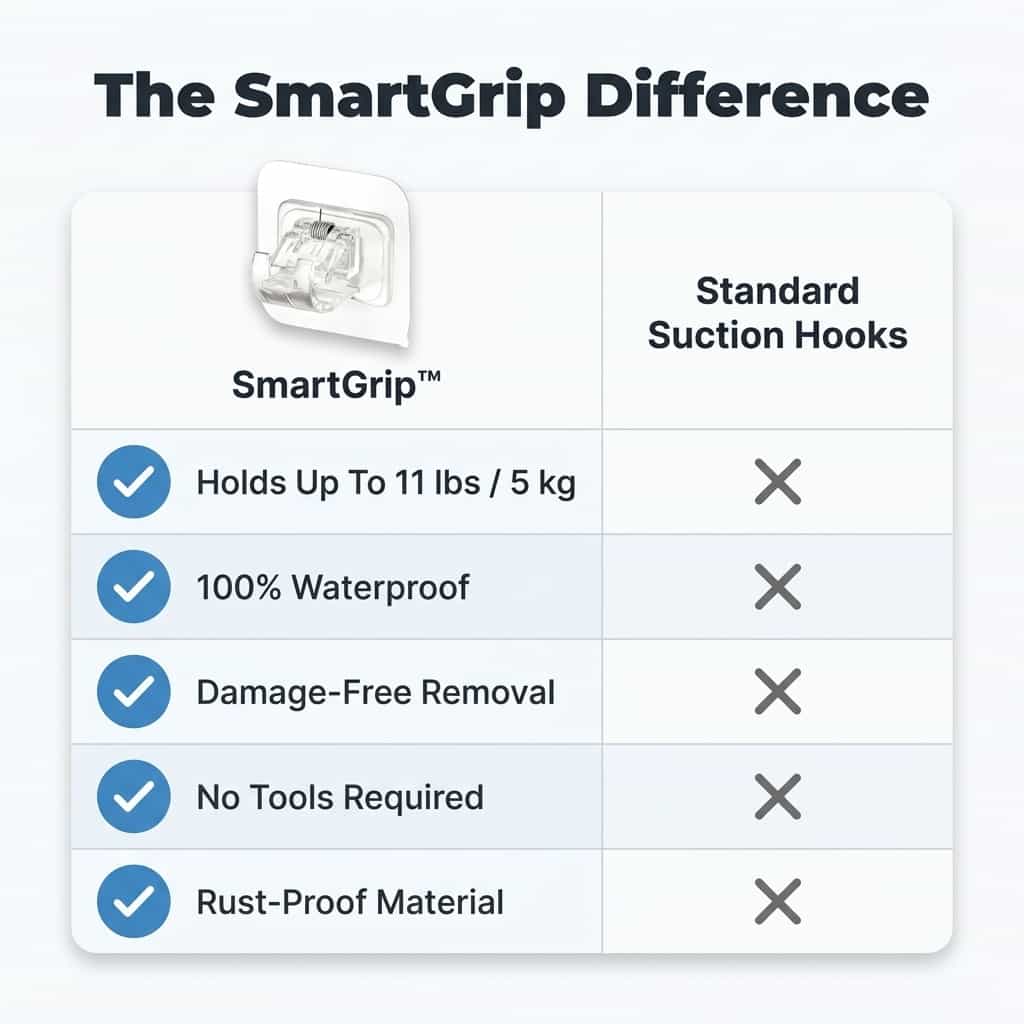 Comparison table of Arenzza SmartGrip™ damage-free wall hooks showing features and benefits for easy installation and strong hold.