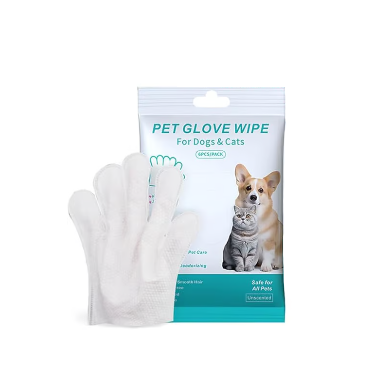 Arenzza pet wipes gloves for easy, wash-free cleaning of pets, showing the gloves and packaging in a pet supplies setting.