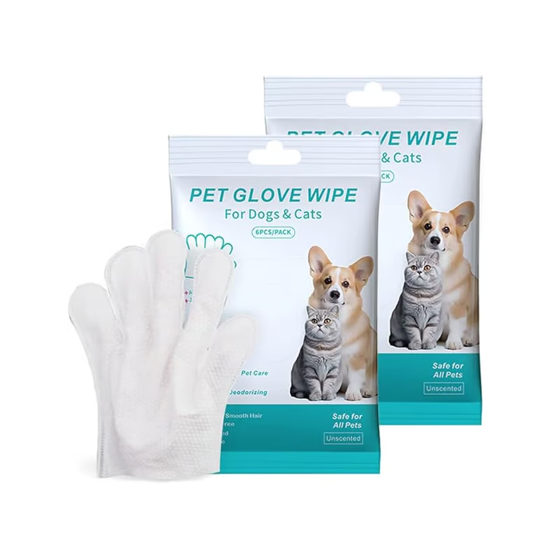 Arenzza pet wash-free wipes gloves for easy, convenient cleaning of pets, shown in a close-up image of the gloves.