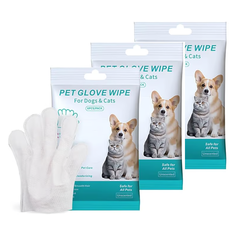 Arenzza pet wash-free wipes gloves in blue, designed for easy cleaning of pets with soft, textured gloves.