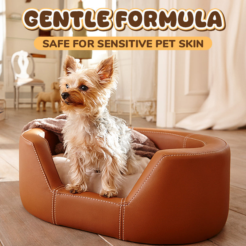 Arenzza non-toxic pet hair dye applied to a pet's coat, showcasing vibrant color options in a pet supplies image.