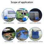 Arenzza Bottom Suction Fish Tank Water Filter Pump for pet supplies with visible inlet and outlet hoses in a clear fish tank.