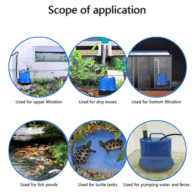 Arenzza Bottom Suction Fish Tank Water Filter Pump for pet supplies with visible inlet and outlet hoses in a clear fish tank.