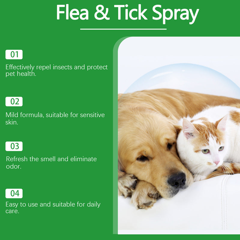 Arenzza Natural Flea and Tick Spray for dogs and cats in a spray bottle, pet-safe insect repellent for pet health.