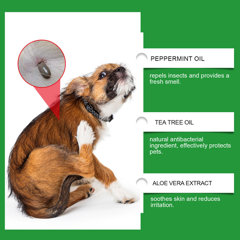 Arenzza Natural Flea and Tick Spray for dogs and cats in a spray bottle, with pet-friendly ingredients visible.