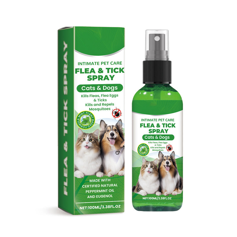 Arenzza Natural Flea and Tick Spray for dogs and cats in a spray bottle, designed to protect pets from pests naturally.