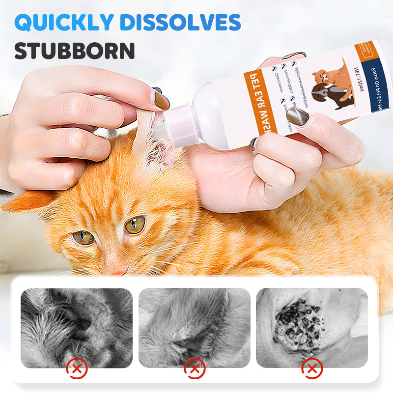 Arenzza ear cleaner for dogs and cats, showing a pet grooming tool with a flexible tip and cleaning solution in a pet supplies setting.