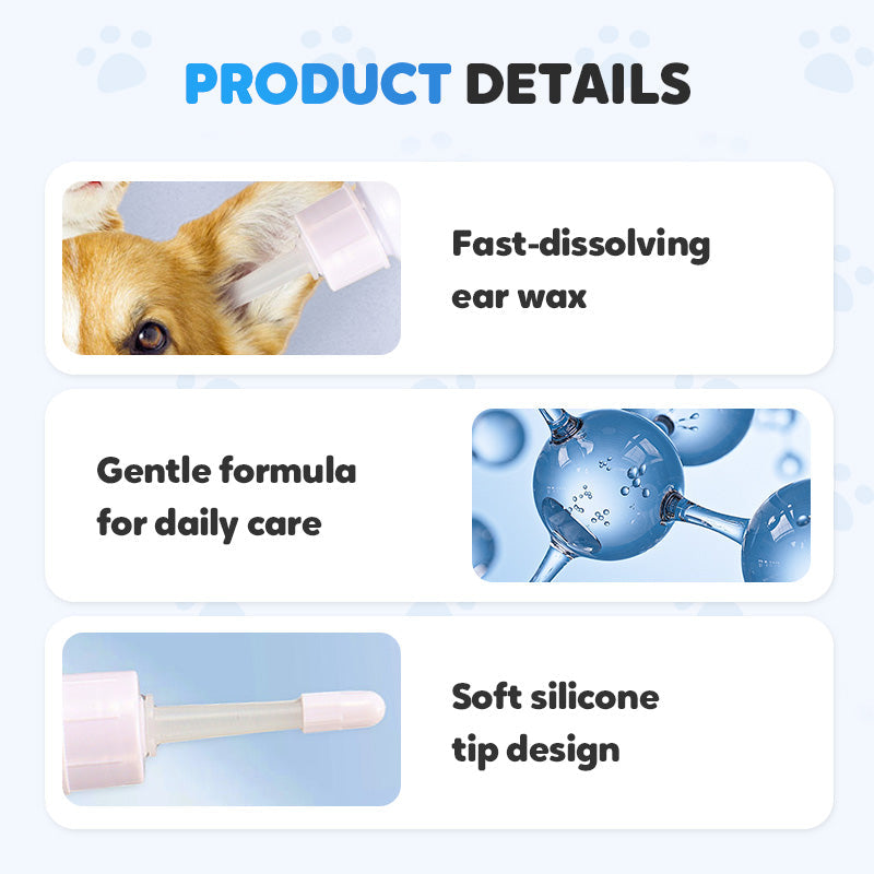 Arenzza ear cleaner for dogs and cats in a clear bottle with a nozzle, designed for pet ear hygiene and cleaning.