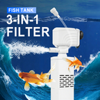 Arenzza Fish Tank 3-in-1 filter showing filtration, oxygenation, and water pumping components for pet aquatic environments.