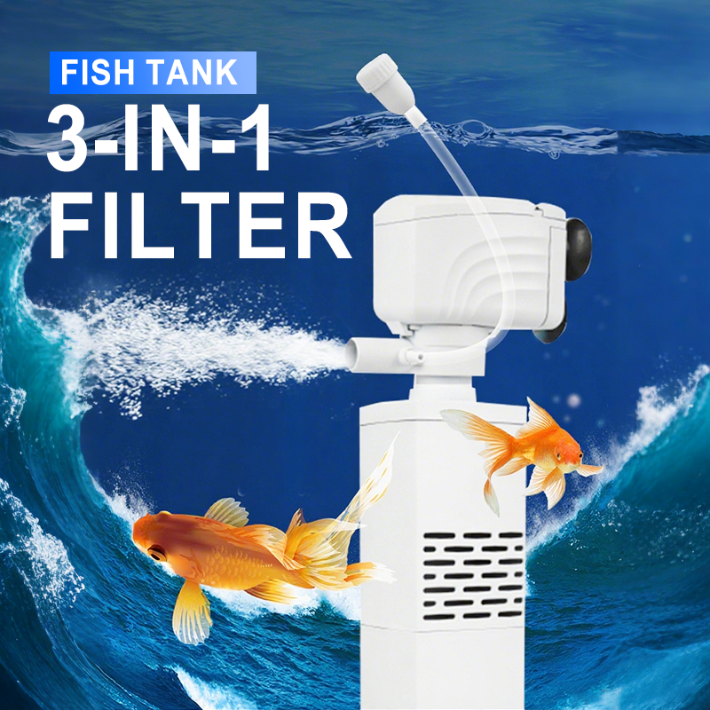 Arenzza Fish Tank 3-in-1 filter showing filtration, oxygenation, and water pumping components for pet aquatic environments.