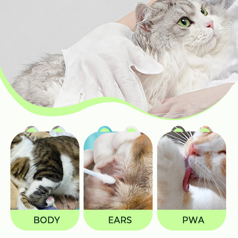 Arenzza gentle pet cleaning no-rinse gloves shown with soft, flexible gloves designed for easy pet grooming and cleaning.
