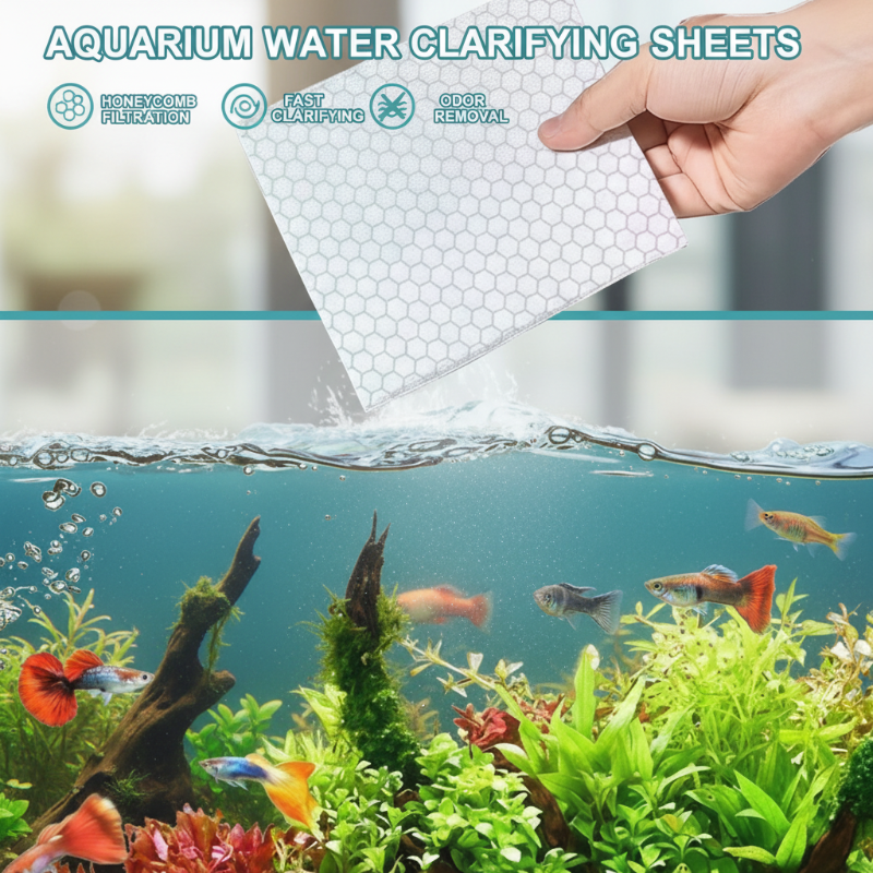Arenzza Aquarium Water Clarifying Sheets for pet supplies, showing transparent sheets used to keep fish tank water clear.