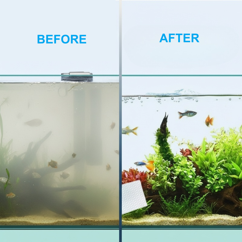 Arenzza Aquarium Water Clarifying Sheets for pet supplies, showing clear sheets used to improve water clarity in fish tanks.