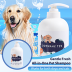 Arenzza Gentle Fresh All-in-One Pet Shampoo bottle with a clean label, designed for pet grooming and bathing.