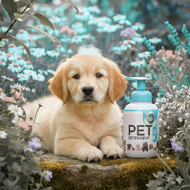 Arenzza waterless cleansing shampoo bottle for dogs and cats, featuring a pet grooming product design.