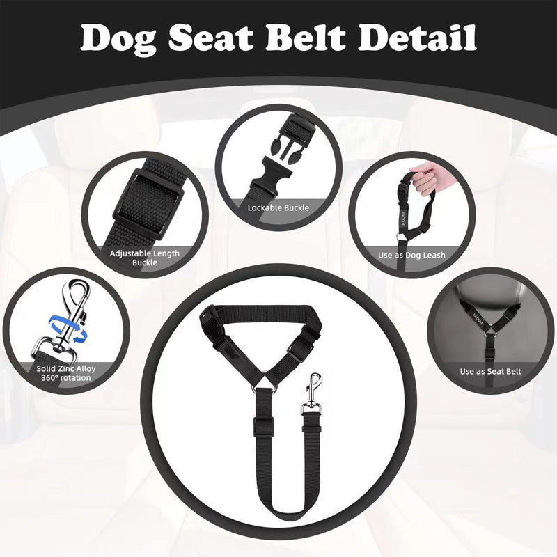 Arenzza 2-in-1 dog car seat belt and walking leash, adjustable pet safety harness with clip and leash attachment, in black.