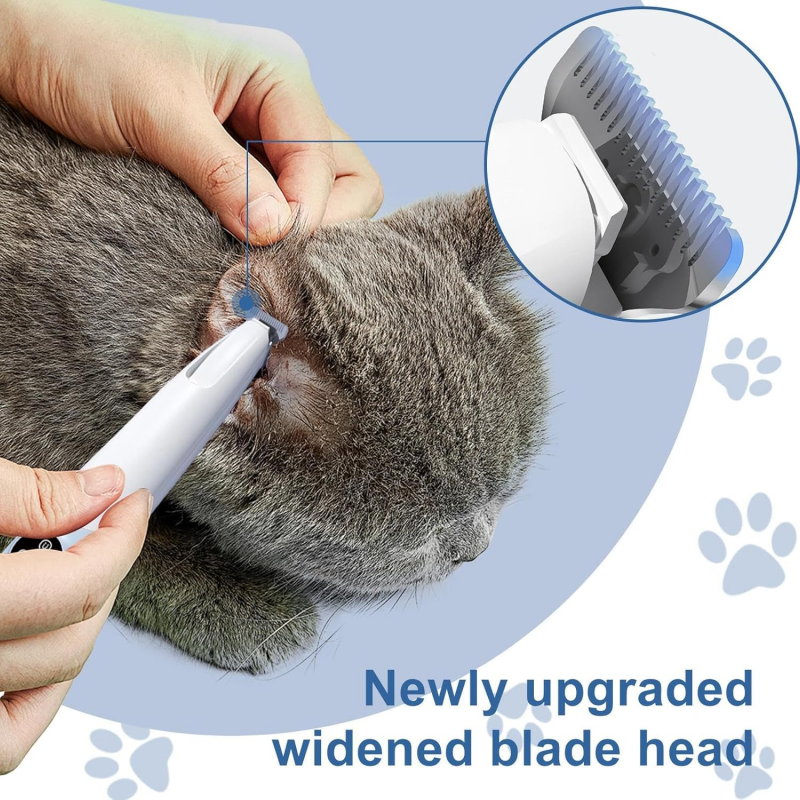 Arenzza pet paw trimmer for cats and dogs, showing a close-up of the ergonomic trimmer with blades and a pet paw in the background.