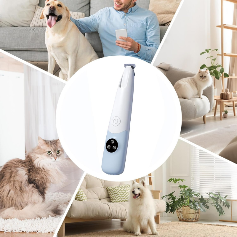 Arenzza Pet Paw Trimmer for cats and dogs, shown with pet paws and trimming blades for safe nail grooming.
