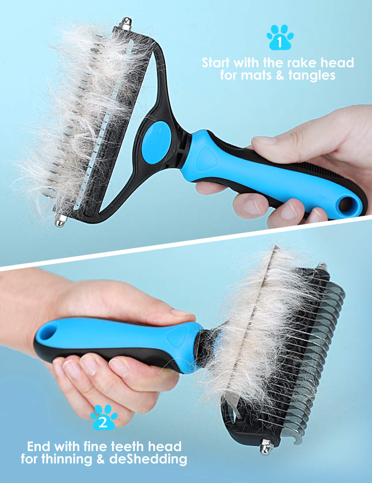 Arenzza professional deshedding tool for dogs and cats, showing a hand using the pet grooming brush on a pet's fur.