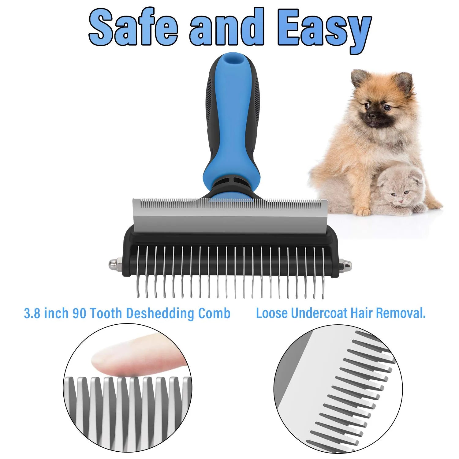 Arenzza professional deshedding tool for dogs and cats, showing ergonomic handle and stainless steel shedding blades.
